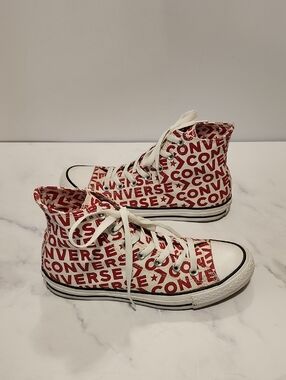 Converse High Top Sneakers in White and Red Logo Print